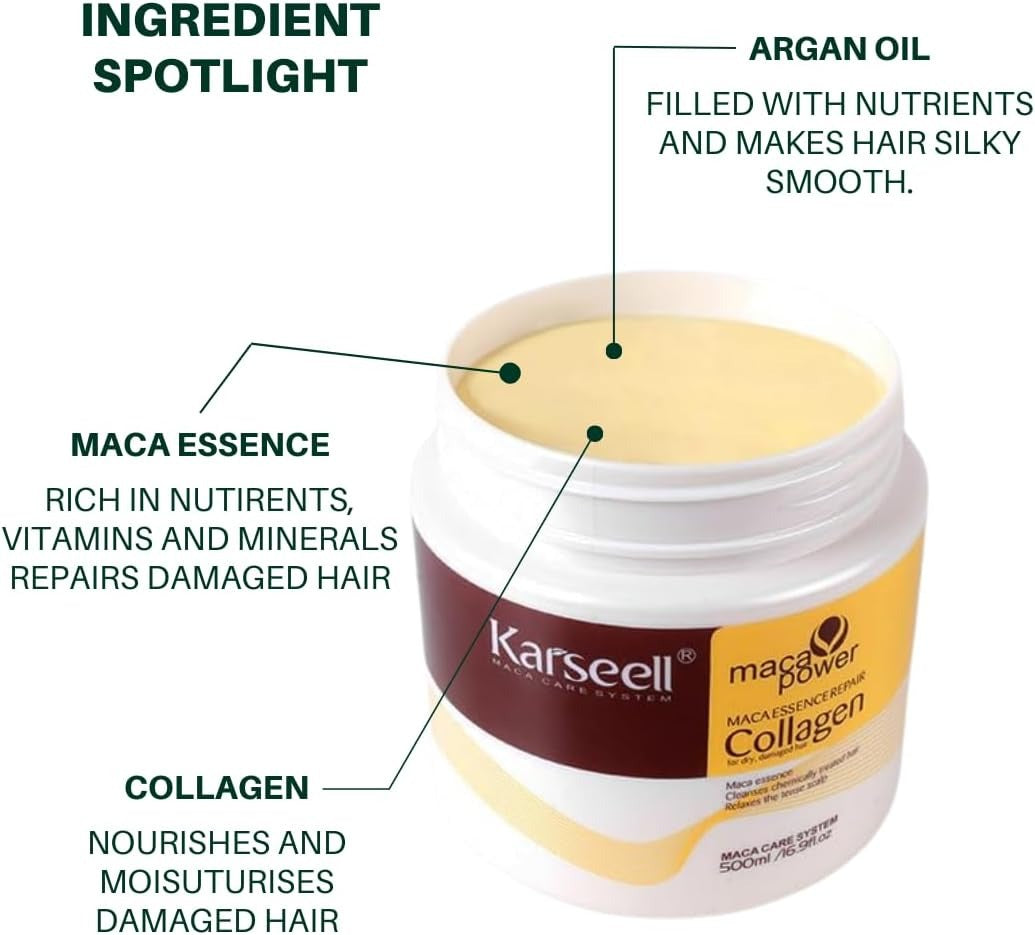 Karseell maca power collagen hair product with ingredient spotlight on a white background