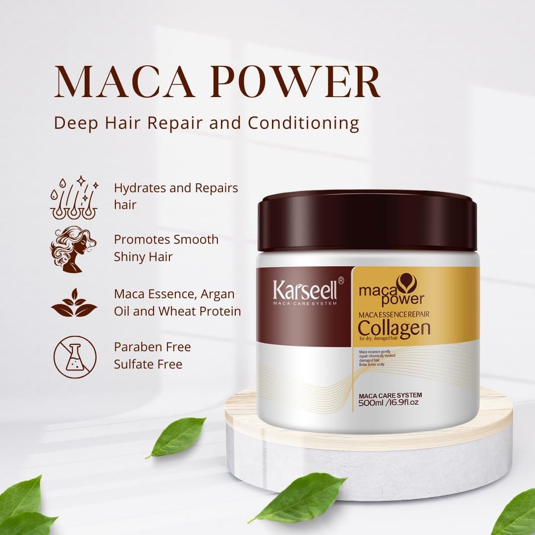 Karseell maca power hair repair product with features listed on a white background