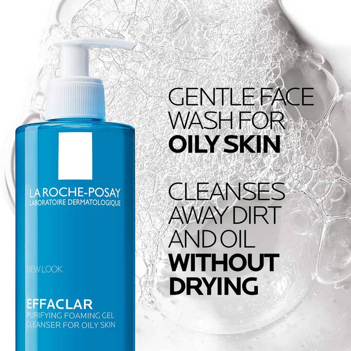 La Roche-Posay Effaclar cleanser bottle with text on a white background