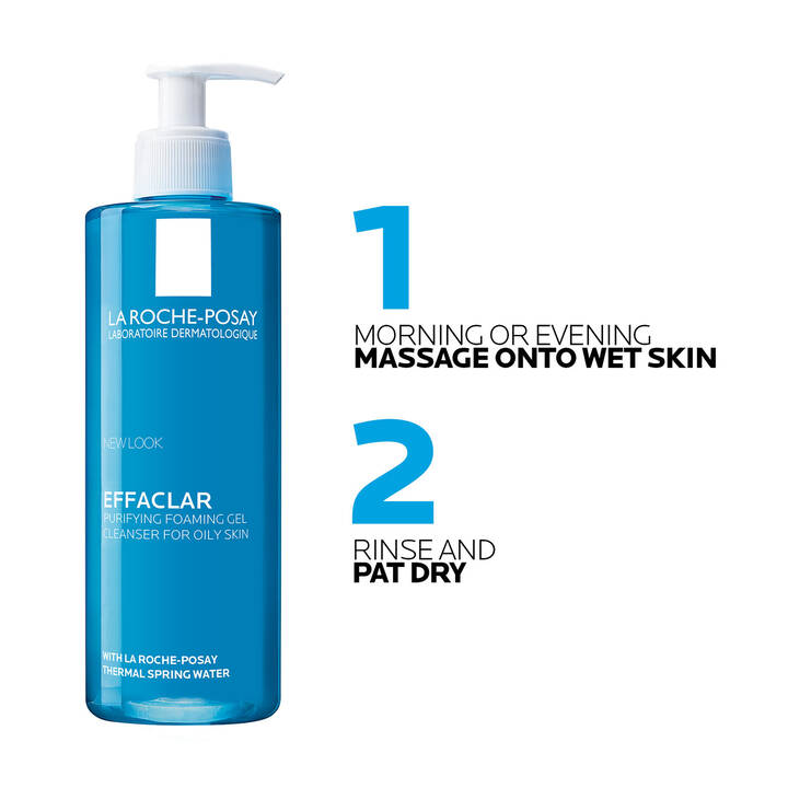 Blue bottle of La Roche-Posay Effaclar cleanser with usage instructions on a white background
