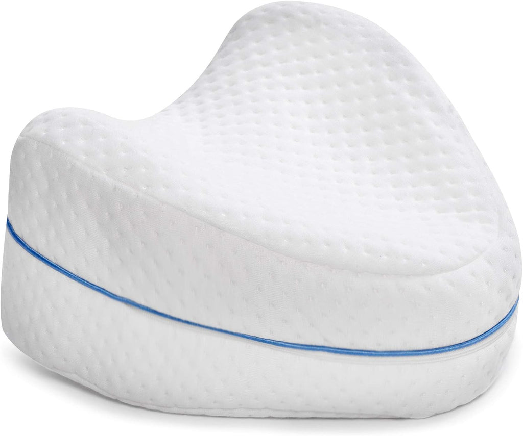 White wedge-shaped pillow with a blue stripe on a white background