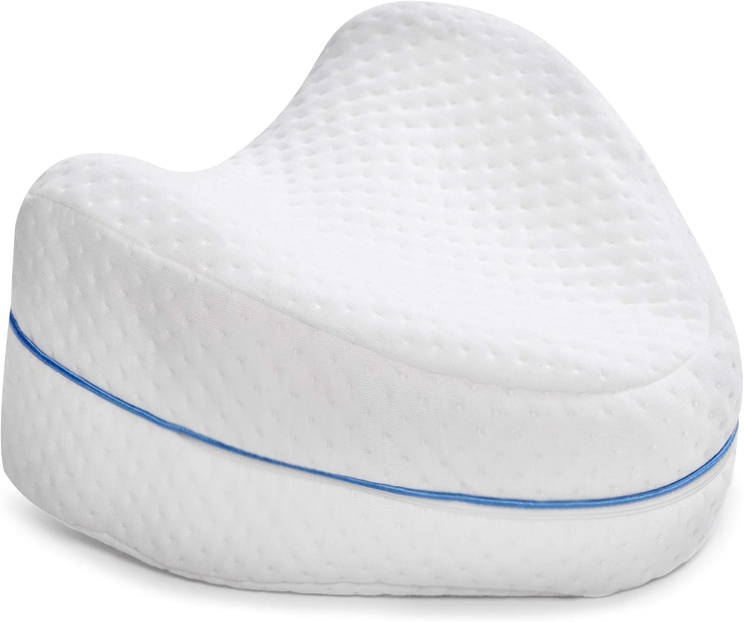 White wedge-shaped pillow with a blue stripe on a white background