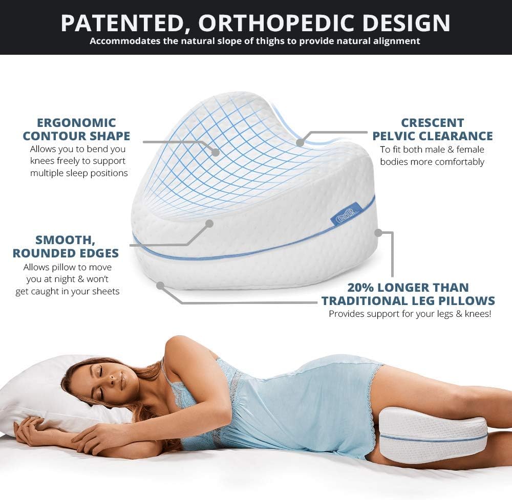 Ergonomic leg pillow with features highlighted and a person using it.