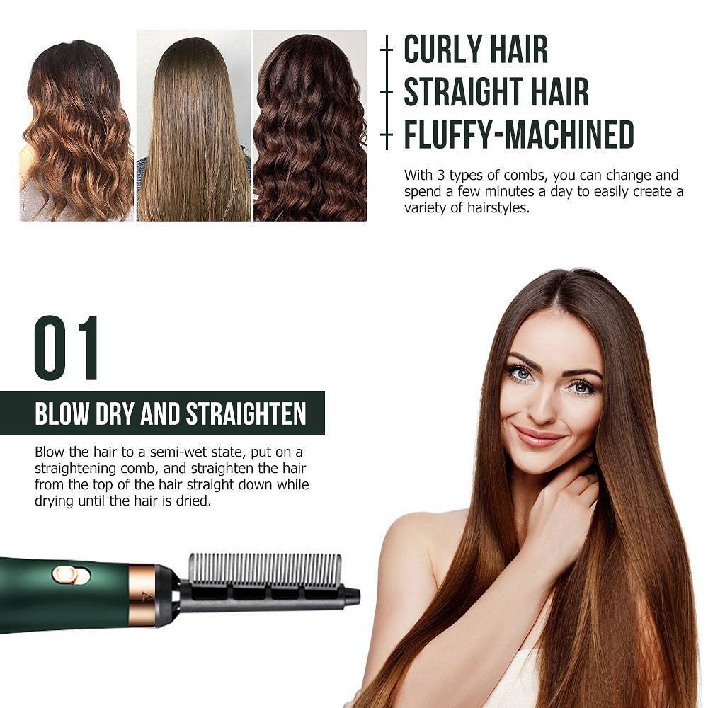 Hair styling product with text on hair types and styling techniques, featuring a woman with straight hair.