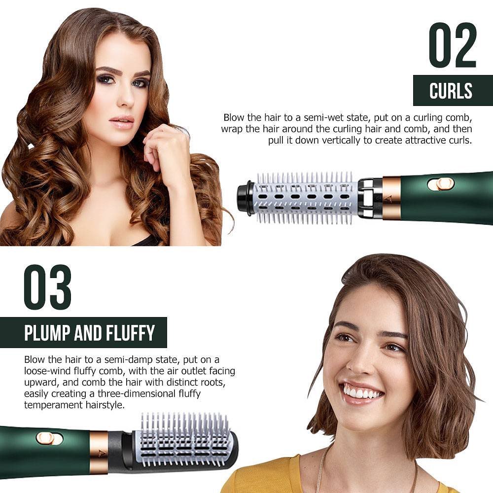 Hair styling guide with a woman's hair being styled using a hair dryer and brush, with text on how to achieve curls and plump hair.