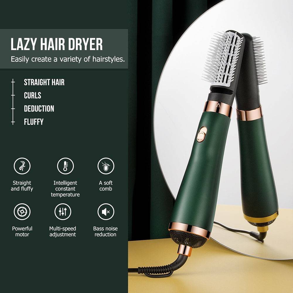 Green hair dryer with bristle brush attachment on a white background