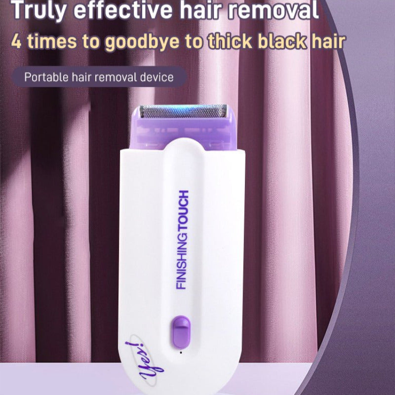 Portable hair removal device with purple and white design on a striped background