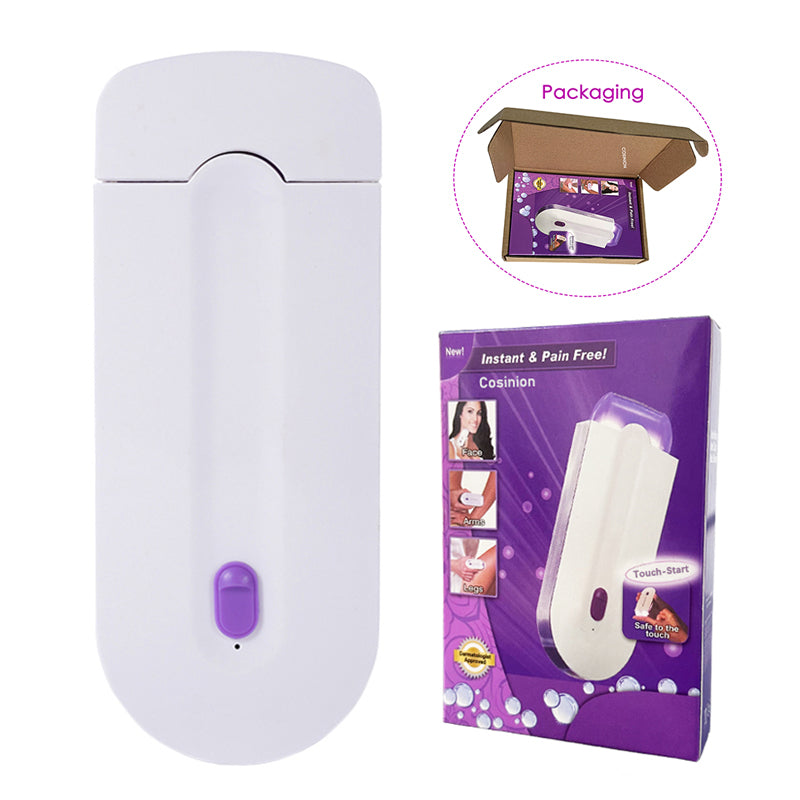White electronic device with purple accents and its packaging on a white background