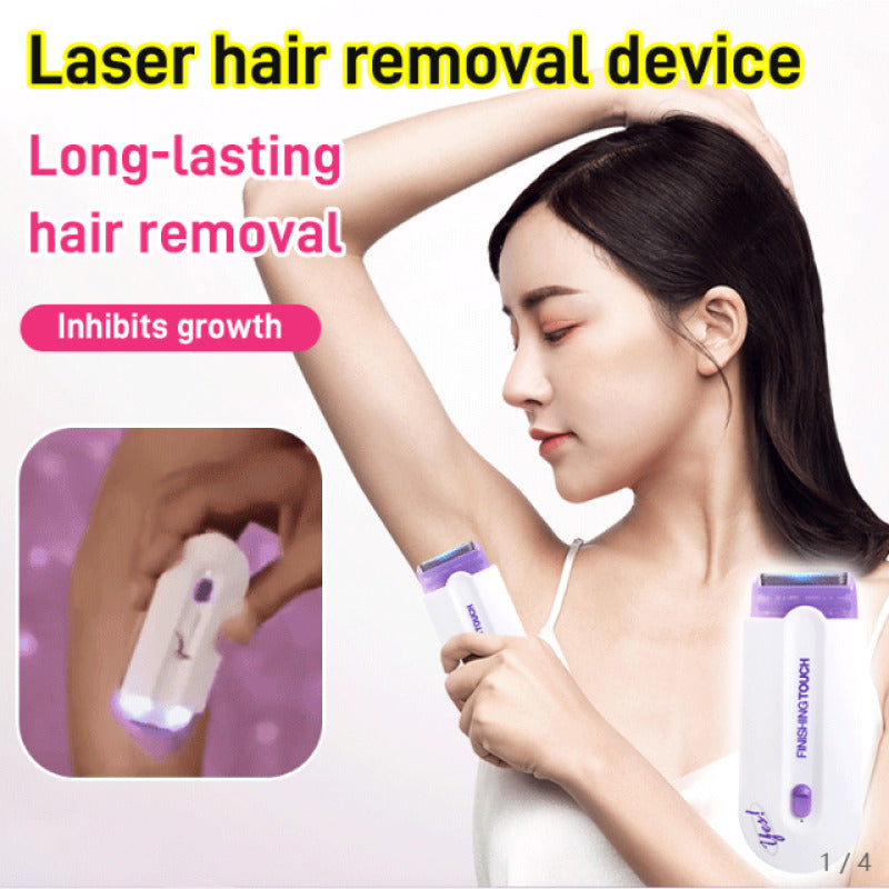Woman using a laser hair removal device with text highlighting long-lasting hair removal and inhibition of growth.