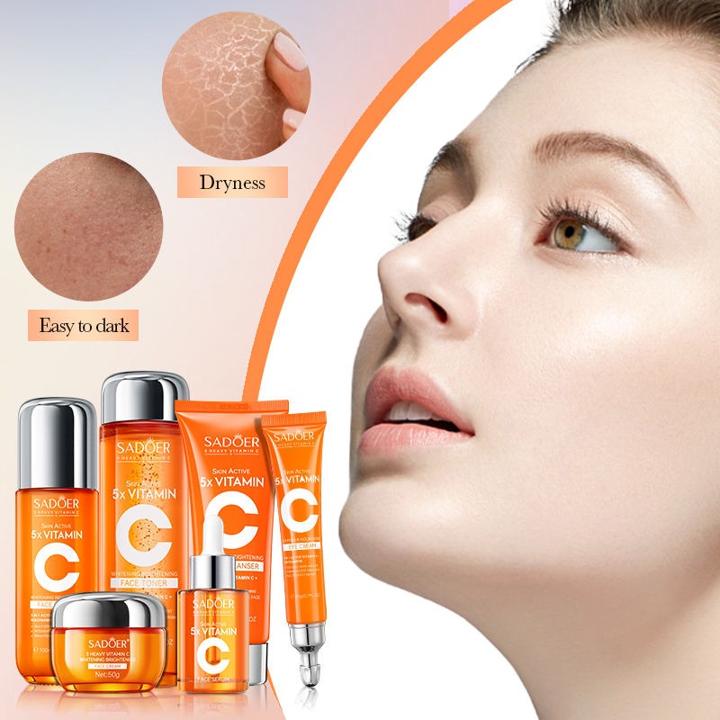 Cosmetic products with a focus on dryness and easy darkening, featuring a close-up of a woman's face.