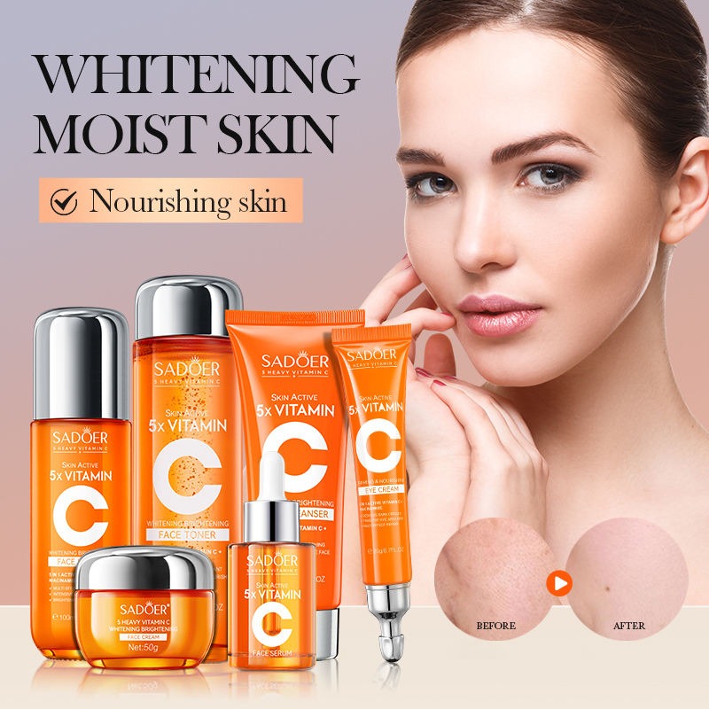 Sadoer skincare products with a woman's face showing before and after effects on a gradient background.