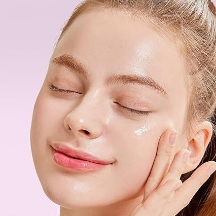 Woman applying skincare product with a pink background and COSRX branding