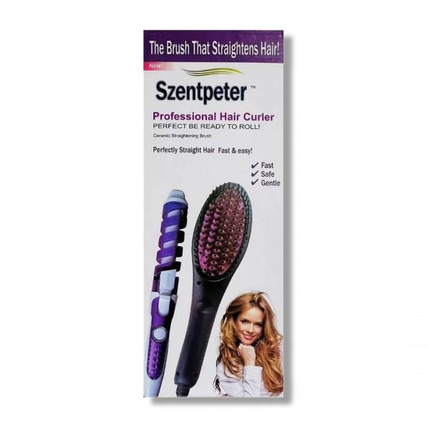 Szentpeter professional hair curler packaging with a purple and black brush on a white background