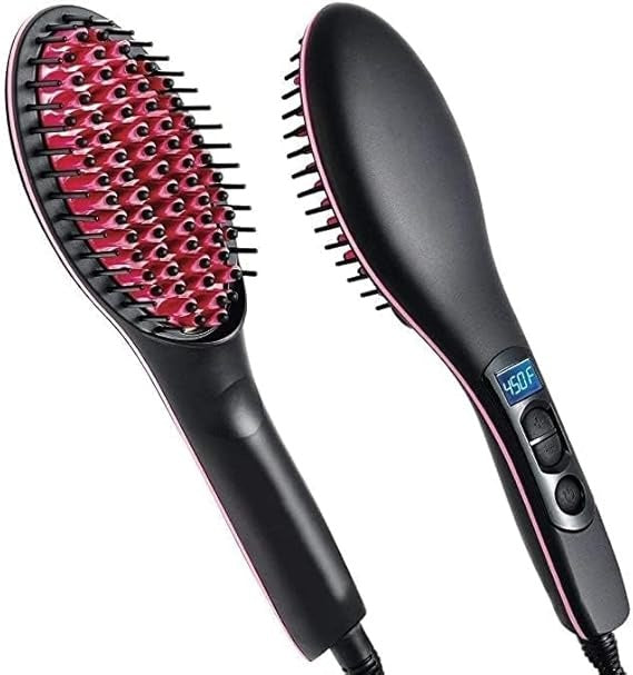 Black hair straightening brush with digital display on a white background