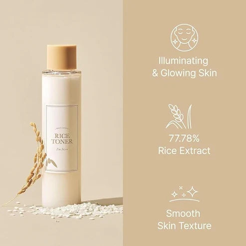 Rice toner bottle with rice extract and skin benefits on a beige background