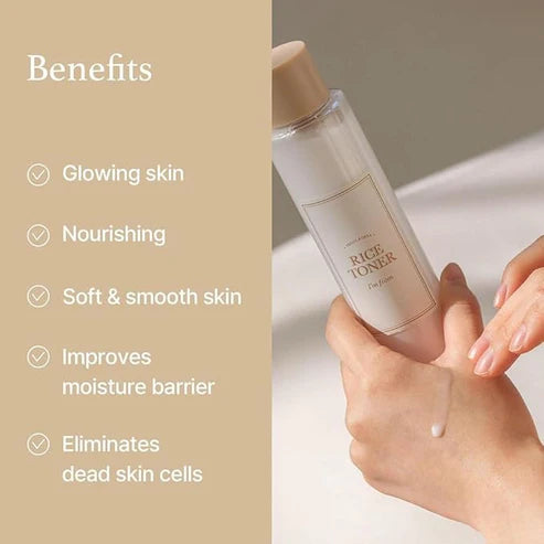 Skincare toner bottle with hand holding it and benefits listed on a beige background
